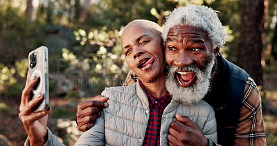 Buy stock photo Nature, hiking and selfie with silly couple and smile for adventure with retirement, wellness and health. Travel, picture and mature people with digital tech for social media, memory and post