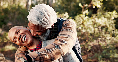 Buy stock photo Laughing, old couple and hug on holiday in nature, retirement and bonding with partner on adventure. Outdoor, senior traveler and black people with embrace on vacation, happiness and romance at park