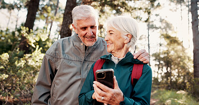 Buy stock photo Hiking, old couple and laugh with smartphone for map, talk and search for travel destination on web. Outdoor, backpacker and elderly people with mobile for direction, together and adventure in woods