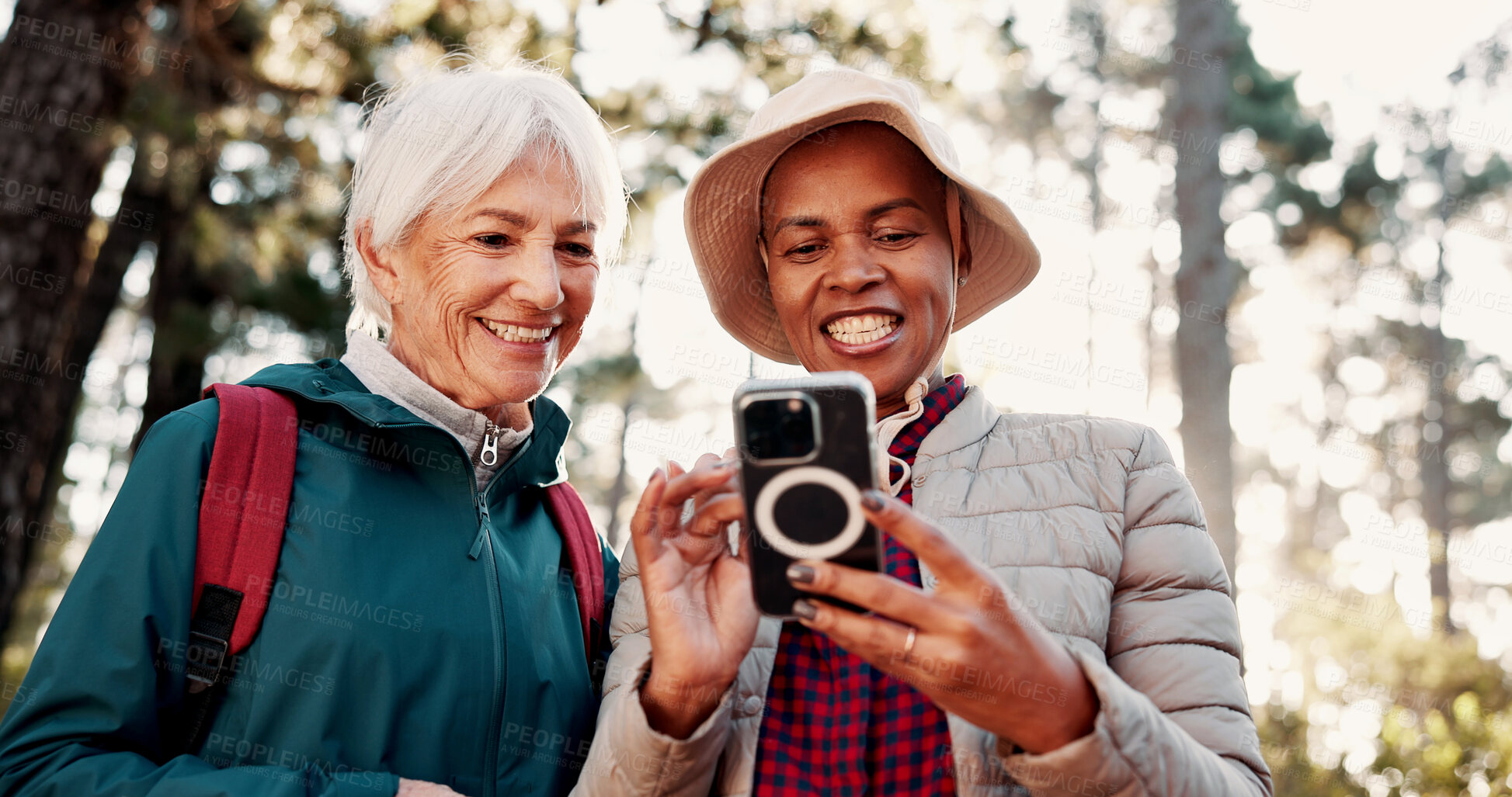 Buy stock photo Hiking, happy and senior women with phone for wellness, fresh air and online app for navigation. Friends, typing and elderly people on smartphone for direction, trekking and exercise on nature trail
