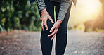 Fitness, hands and woman with knee pain outdoor, inflammation and arthritis in active retirement. Sports injury, sore legs and senior person with fibromyalgia, muscle sprain and strain after workout