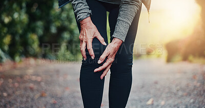 Buy stock photo Fitness, hands and woman with knee pain outdoor, inflammation and arthritis in active retirement. Sports injury, sore legs and senior person with fibromyalgia, muscle sprain and strain after workout
