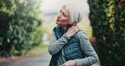 Buy stock photo Outdoor, fitness and senior woman with neck pain on break, hurt or joint tension with workout injury. Park, exercise and old person with inflammation after training accident, space and muscle strain