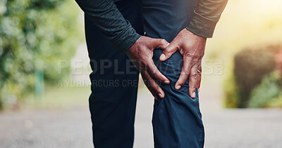 Buy stock photo Park, fitness and hands of man with knee pain for strain after exercise, workout and running. Nature, sports and person with leg injury for joint ache, inflammation and accident for training outdoor