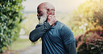 Outdoor, fitness and senior man with neck pain, joint inflammation and sport injury for exercise burnout. Sprain, runner and old person with massage for ache relief, workout accident and osteoporosis