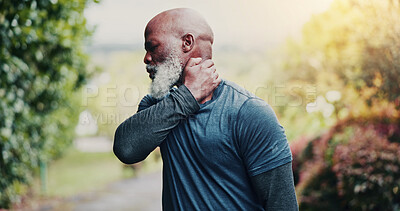 Buy stock photo Outdoor, fitness and senior man with neck pain, joint inflammation and sport injury for exercise burnout. Sprain, runner and old person with massage for ache relief, workout accident and osteoporosis