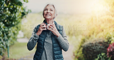 Buy stock photo Fitness, thinking and old woman at park with headphones for music, health podcast or happiness. Vision, runner or person with audio tech for exercise motivation, workout playlist or active retirement