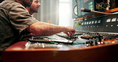 Buy stock photo Hand, music and sound board with people in studio together for audio engineering or production. Equipment, recording and synthesizer with DJ team in control room for balance, editing or mixing