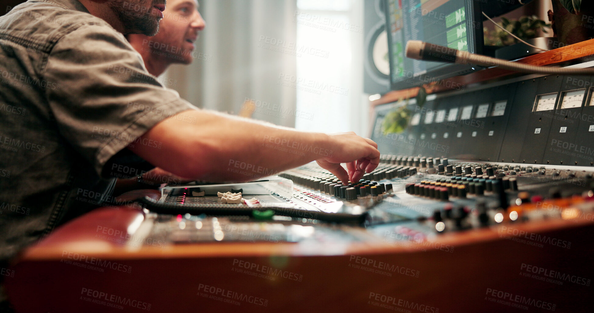 Buy stock photo Hand, music and sound board with people in studio together for audio engineering or production. Equipment, recording and synthesizer with DJ team in control room for balance, editing or mixing