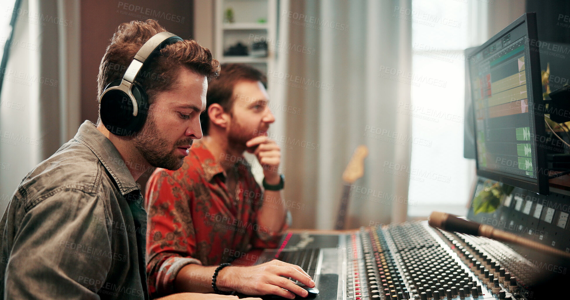 Buy stock photo Digital, music and sound board with people in studio together for audio engineering or production. Desk, recording and synthesizer with producer team in control room for balance, editing or mixing