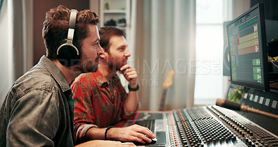 Buy stock photo Equipment, music and sound board with people in studio together for audio engineering or production. Digital, recording and synthesizer with DJ team in control room for balance, editing or mixing
