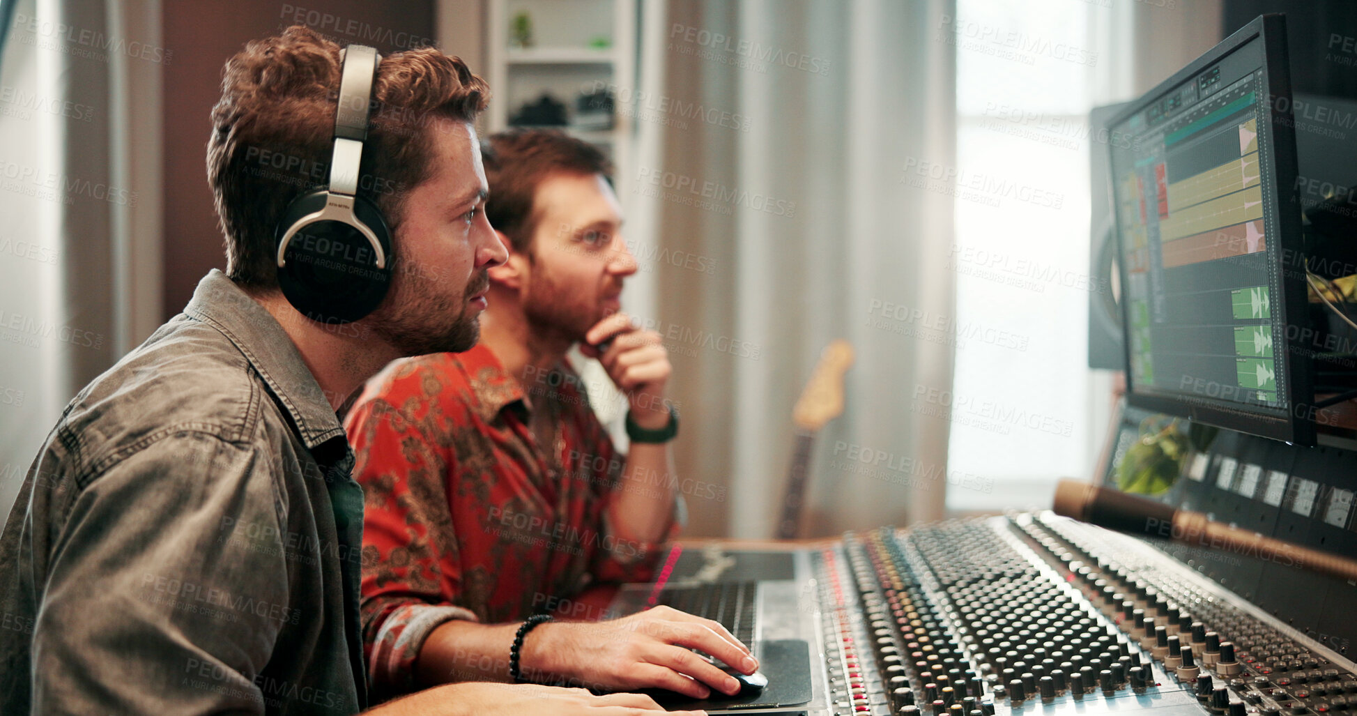 Buy stock photo Equipment, music and sound board with people in studio together for audio engineering or production. Digital, recording and synthesizer with DJ team in control room for balance, editing or mixing