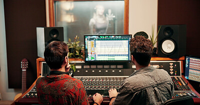 Buy stock photo Sound engineer, screen or team in recording studio for music, composition or song quality. Collaboration, mixing audio or men editing on computer monitor for equalizer, creative production and back
