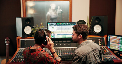 Buy stock photo Sound engineer, screen or team in recording studio with headphones, workstation or music quality. Collaboration, mix audio or men editing on computer monitor for talk, creative production and back