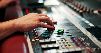 Buy stock photo Person, hands and audio engineer with sound board for radio broadcast, live streaming or production. Closeup, podcaster or buttons with switches, console or control panel for commercial podcast