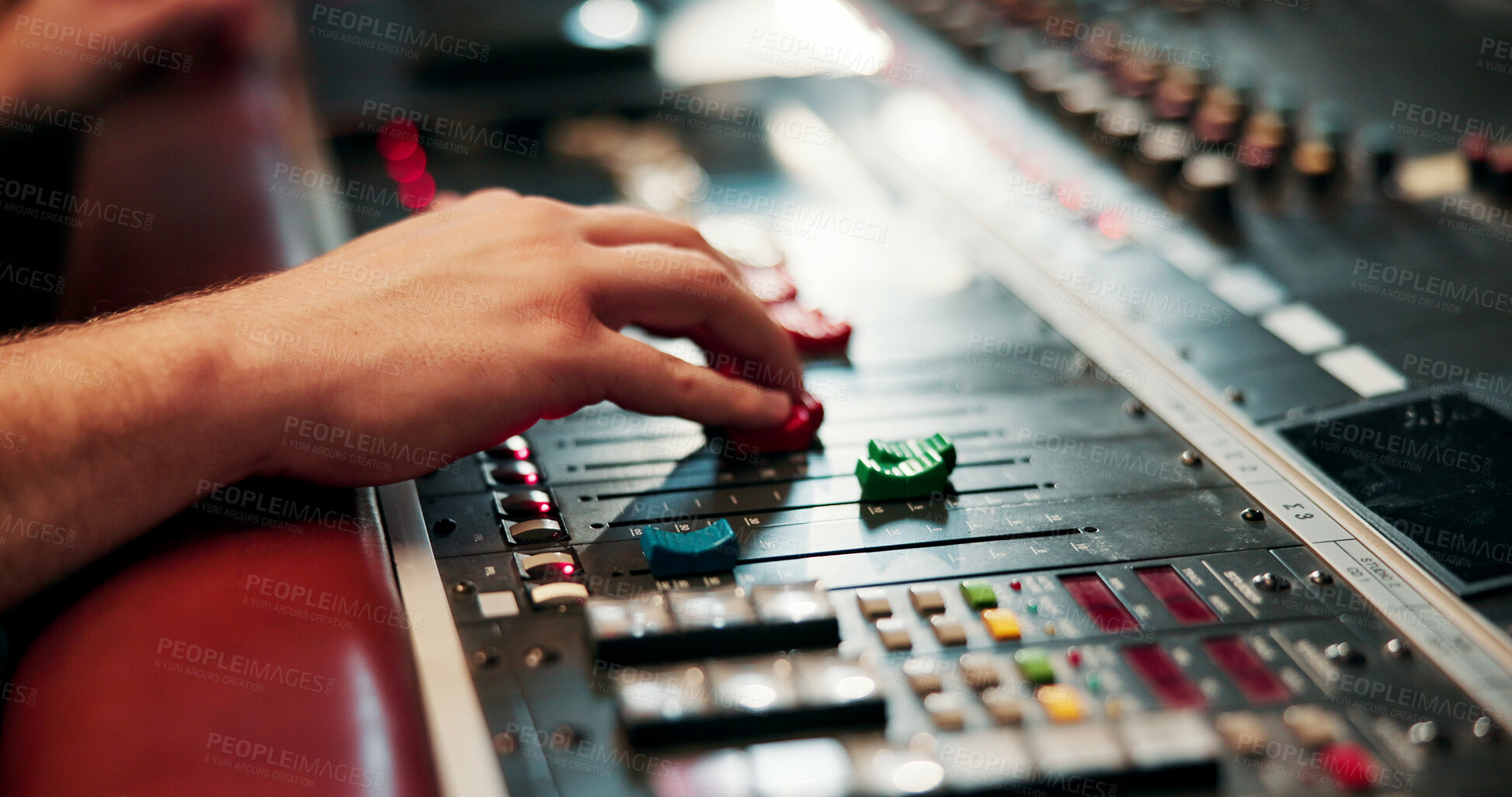 Buy stock photo Person, hands and audio engineer with sound board for radio broadcast, live streaming or production. Closeup, podcaster or buttons with switches, console or control panel for commercial podcast