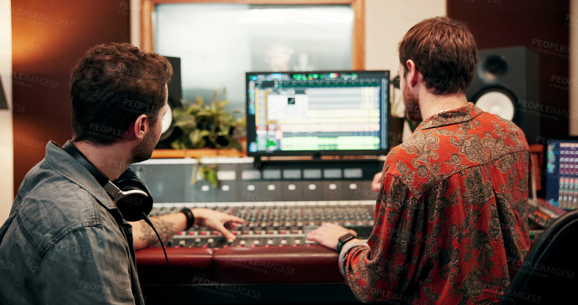 Buy stock photo Back, music and sound board with people in studio together for audio engineering or production. Display, recording and synthesizer with producer team in control room for balance, editing or mixing