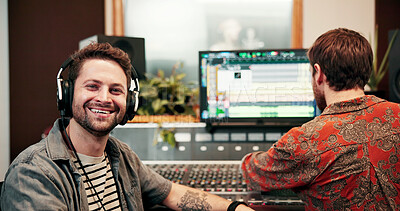 Buy stock photo Music producer, portrait or men in studio with headphones, pride or experience in audio mixing. Collaboration, recording or sound engineers with tech, confidence or dj career in Los Angeles.

