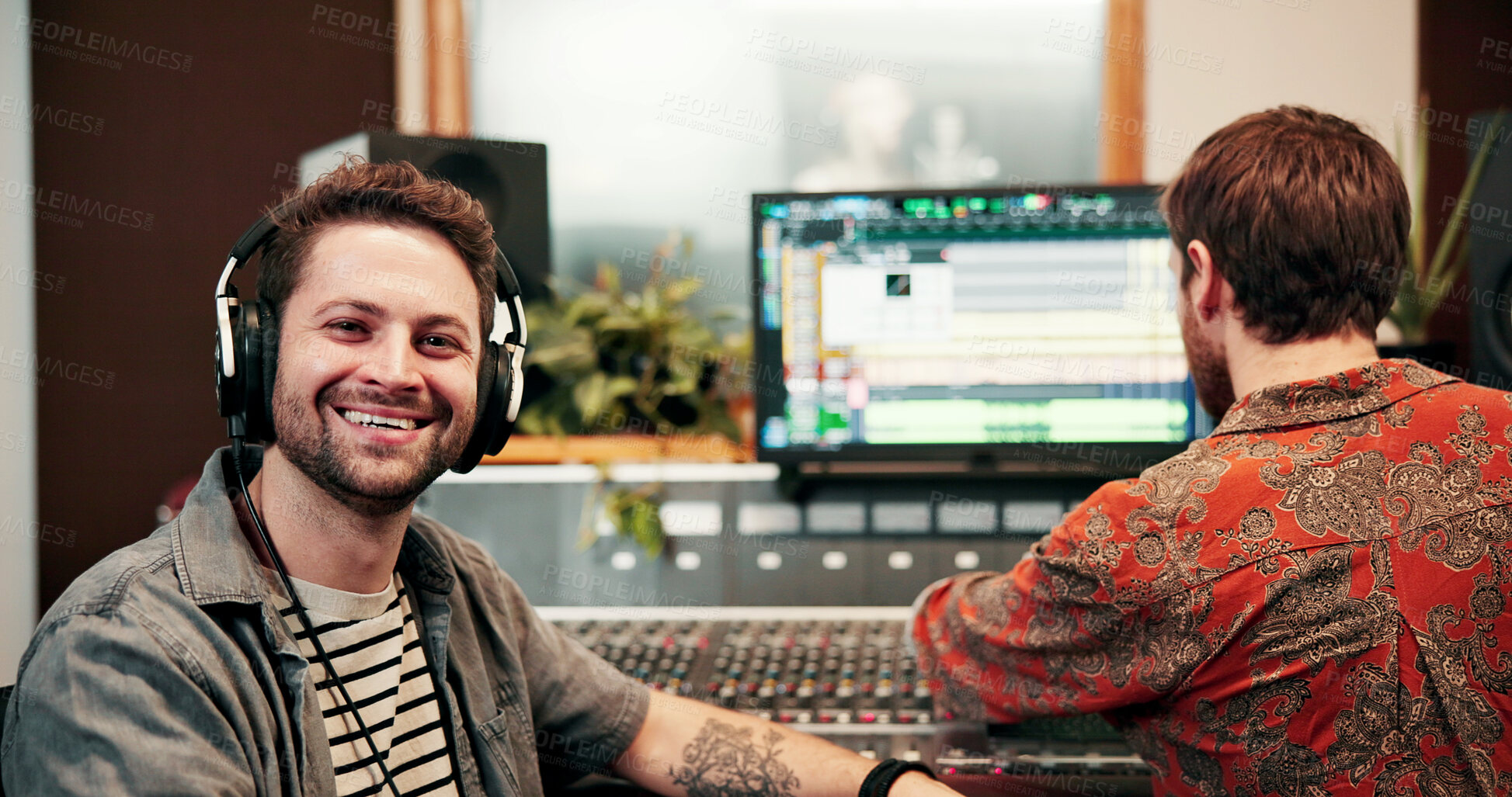 Buy stock photo Music producer, portrait or men in studio with headphones, pride or experience in audio mixing. Collaboration, recording or sound engineers with tech, confidence or dj career in Los Angeles.
