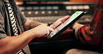Hands, tablet or sound technician in recording studio, digital editing software or music production. Mixing app, tech or person with audio effects for acoustic resonance, amplify song or control room
