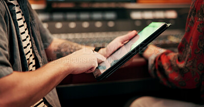 Buy stock photo Hands, tablet or sound technician in recording studio, digital editing software or music production. Mixing app, tech or person with audio effects for acoustic resonance, amplify song or control room