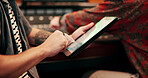 Hands, tablet and sound engineer in recording studio, digital editing software and music production. Mixing app, tech or person with audio effects for acoustic resonance, amplify song or control room
