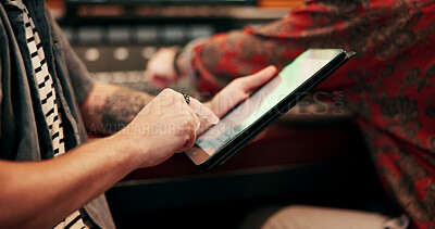 Buy stock photo Hands, tablet and sound engineer in recording studio, digital editing software and music production. Mixing app, tech or person with audio effects for acoustic resonance, amplify song or control room
