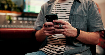 Buy stock photo Phone, sound engineer and hands of person in music studio for audio production, contact and dj review. Synth app, recording project, song composer with producer in control room for musician mixer