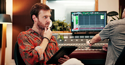 Buy stock photo Thinking, man and sound engineer with tablet in recording studio, music idea or composition. Person, planning and audio production with tech for song inspiration, mixing or editing with creative team