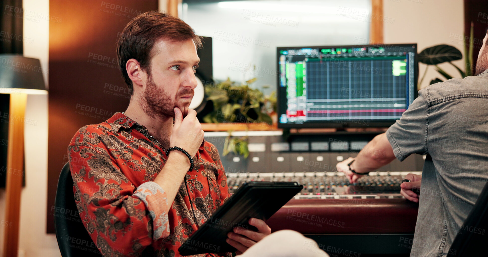 Buy stock photo Thinking, man and sound engineer with tablet in recording studio, music idea or composition. Person, planning and audio production with tech for song inspiration, mixing or editing with creative team