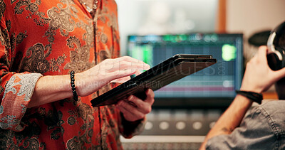 Buy stock photo Hands, tablet or audio technician in recording studio, digital editing software or music production. Mixing app, tech or person with sound effects for acoustic resonance, amplify song or control room