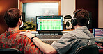 Back, music and production with people in studio together for audio or sound engineering. Equipment, digital recording and synthesizer with DJ team in control room for balance, editing or mixing