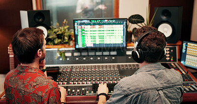 Buy stock photo Back, music and sound engineering with people in studio together for digital media or production. Equipment, recording and synthesizer with audio team in control room for balance, editing or mixing