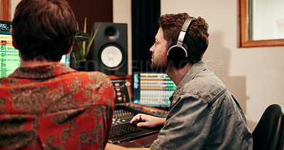 Buy stock photo Sound engineer, computer or team in recording studio for music, composition or song quality. Collaboration, mixing audio or men editing with headphones for equalizer, creative production and software
