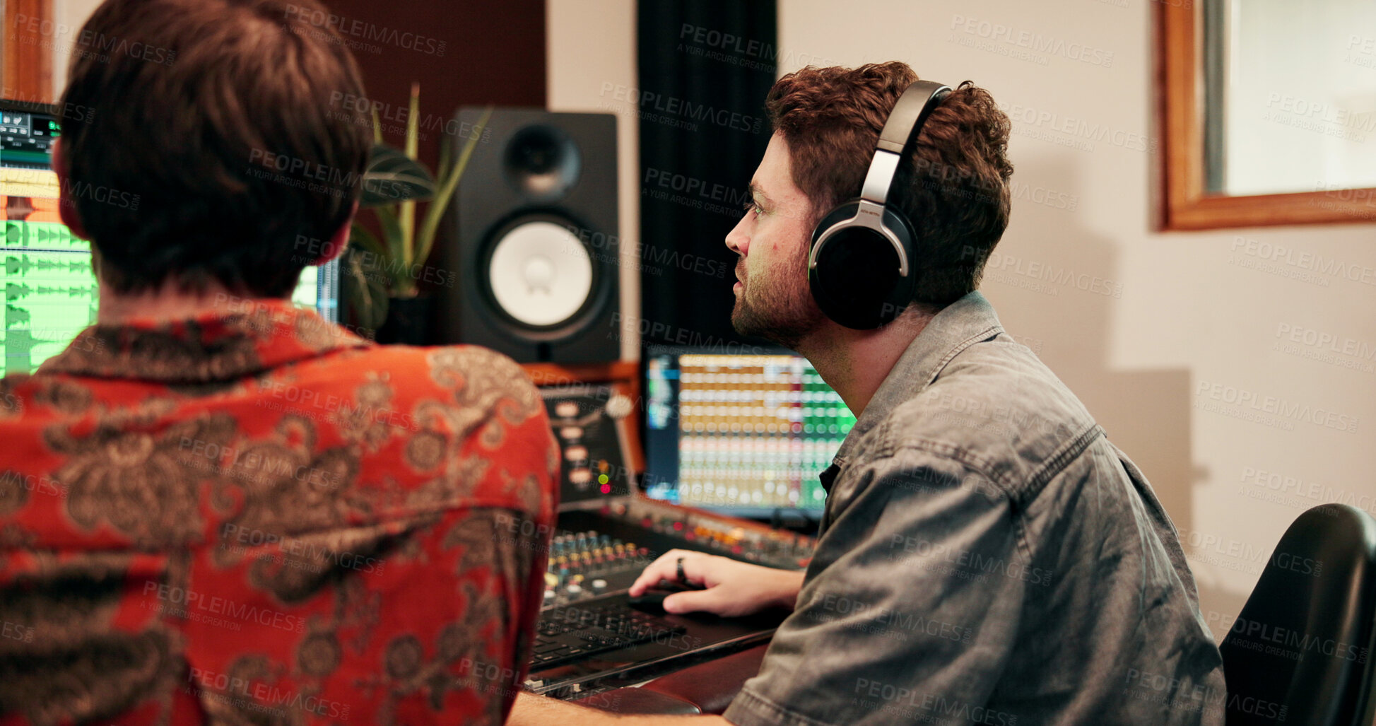 Buy stock photo Sound engineer, computer or team in recording studio for music, composition or song quality. Collaboration, mixing audio or men editing with headphones for equalizer, creative production and software