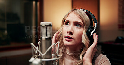 Buy stock photo Music, microphone and woman in studio with headphones, production or musician in performance. Talent, pop recording or singer in booth with tech, song or sound entertainment for creative album.