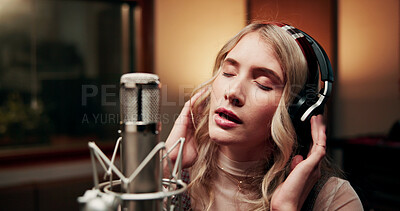 Buy stock photo Music, microphone and person in studio with headphones, production or musician in performance. Talent, pop recording or singer in booth with tech, song or sound entertainment for creative album.