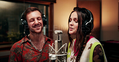 Buy stock photo Singing, microphone and team with headphones in recording studio, vocal capture and song rehearsal. Tech, music artist and people with performance for album feature, creative or talent for production