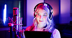 Woman, neon and podcaster with mic on tablet for radio broadcast, podcast or live recording. Female person, announcer or journalist working late with technology or headphones for audio news on air