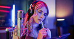Thinking, woman and musician with notebook in studio for songwriting, writing lyrics and recording audio. Person, reflection and headphones with mic for music production, composing song and rehearsal