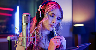 Buy stock photo Thinking, woman and musician with notebook in studio for songwriting, writing lyrics and recording audio. Person, reflection and headphones with mic for music production, composing song and rehearsal