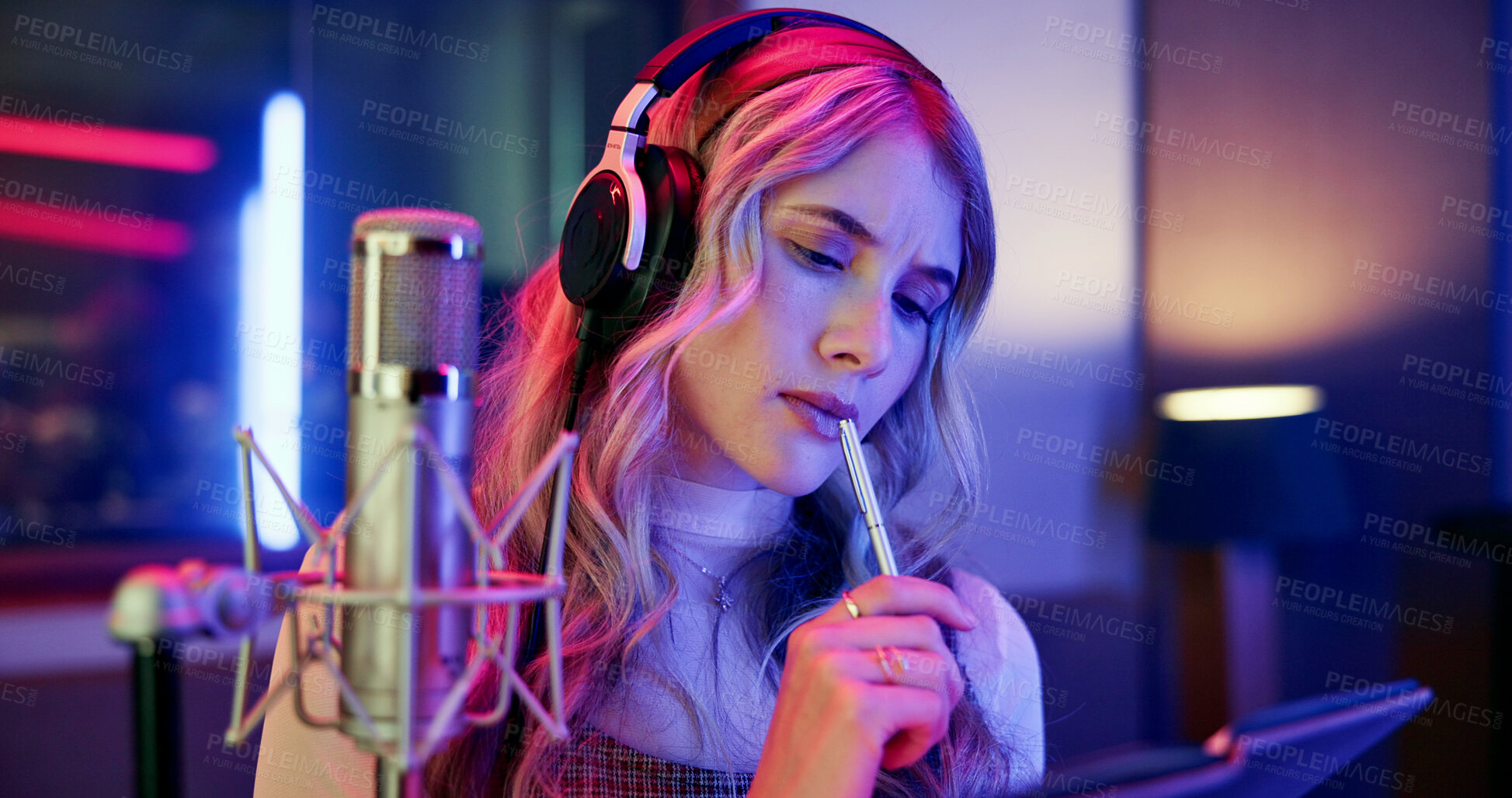 Buy stock photo Thinking, woman and musician with notebook in studio for songwriting, writing lyrics and recording audio. Person, reflection and headphones with mic for music production, composing song and rehearsal