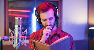 Buy stock photo Thinking, book or singer in studio with tech, songwriting or brainstorming in creative production. Reflection, mic or man in booth with headphones, melody writing or album ideas in music development.