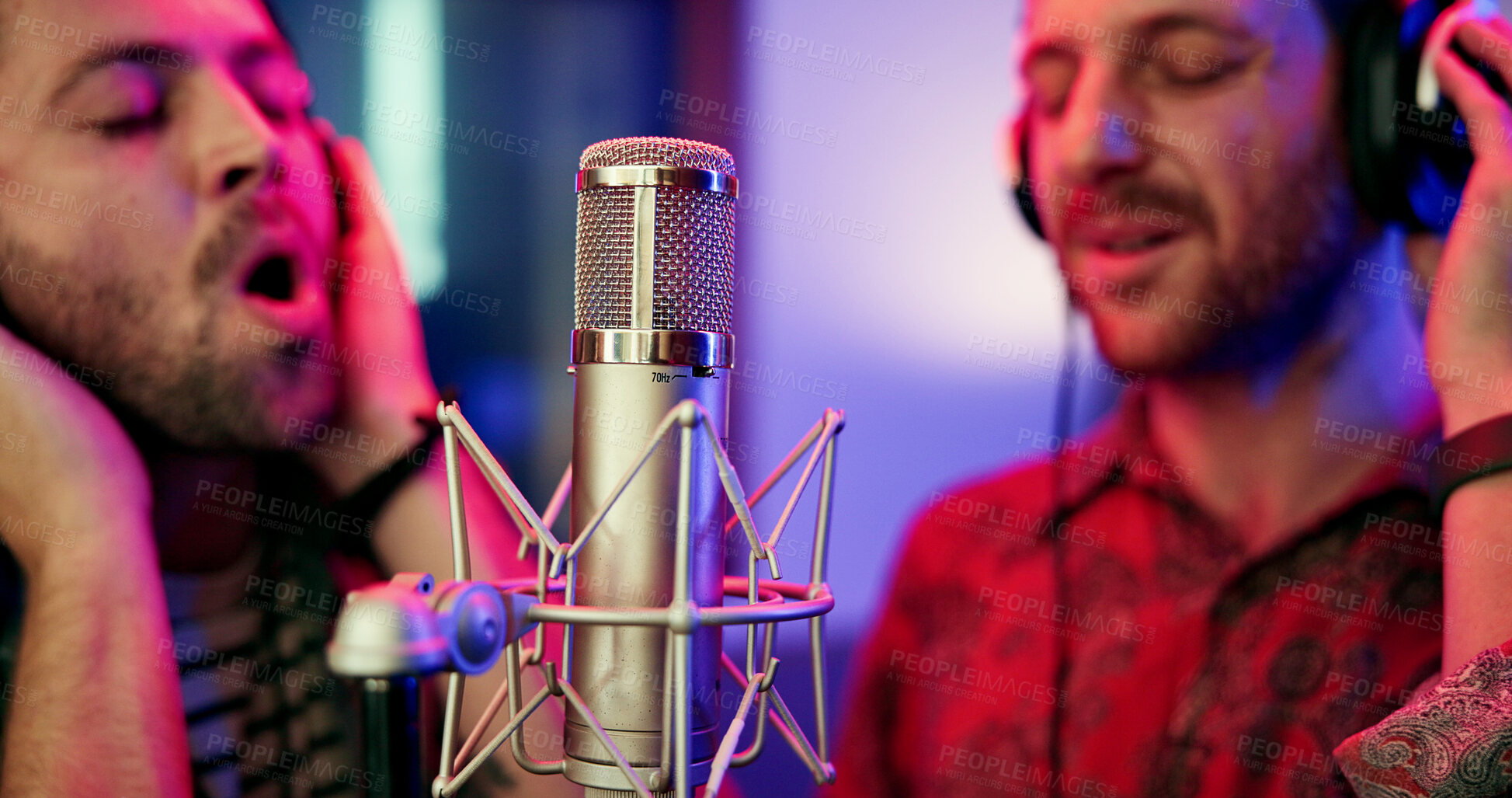 Buy stock photo Artist, people and singing in music studio with microphone, song performance and sound production. Creative duo, men and singer at record label with audio gear, talent and collaboration for album.