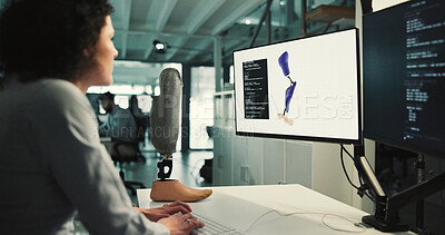 Buy stock photo Review, prosthetics or woman in lab with computer, design evaluation or checklist in artificial leg test. Limb, digital or engineer with tech, model development or progress in mobility research.