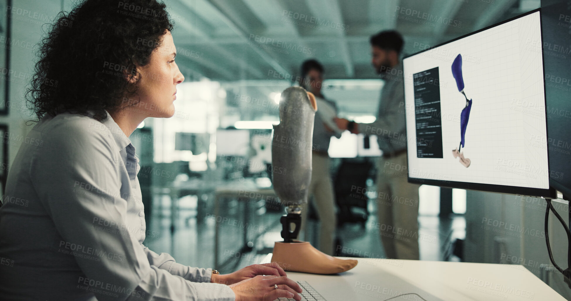 Buy stock photo Review, prosthetics or woman in office with computer, design evaluation or checklist in artificial leg test. Limb, digital or engineer with tech, model development or progress in mobility research.