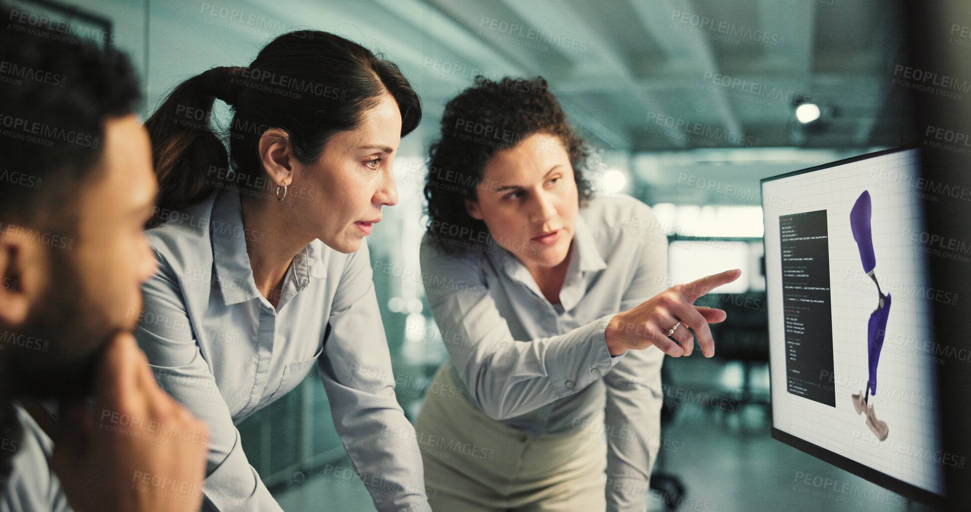 Buy stock photo Discussion, prosthetic leg or people on computer screen for research, internet and software development. Group, teamwork and design for artificial limb innovation, 3d foot and mobility feedback