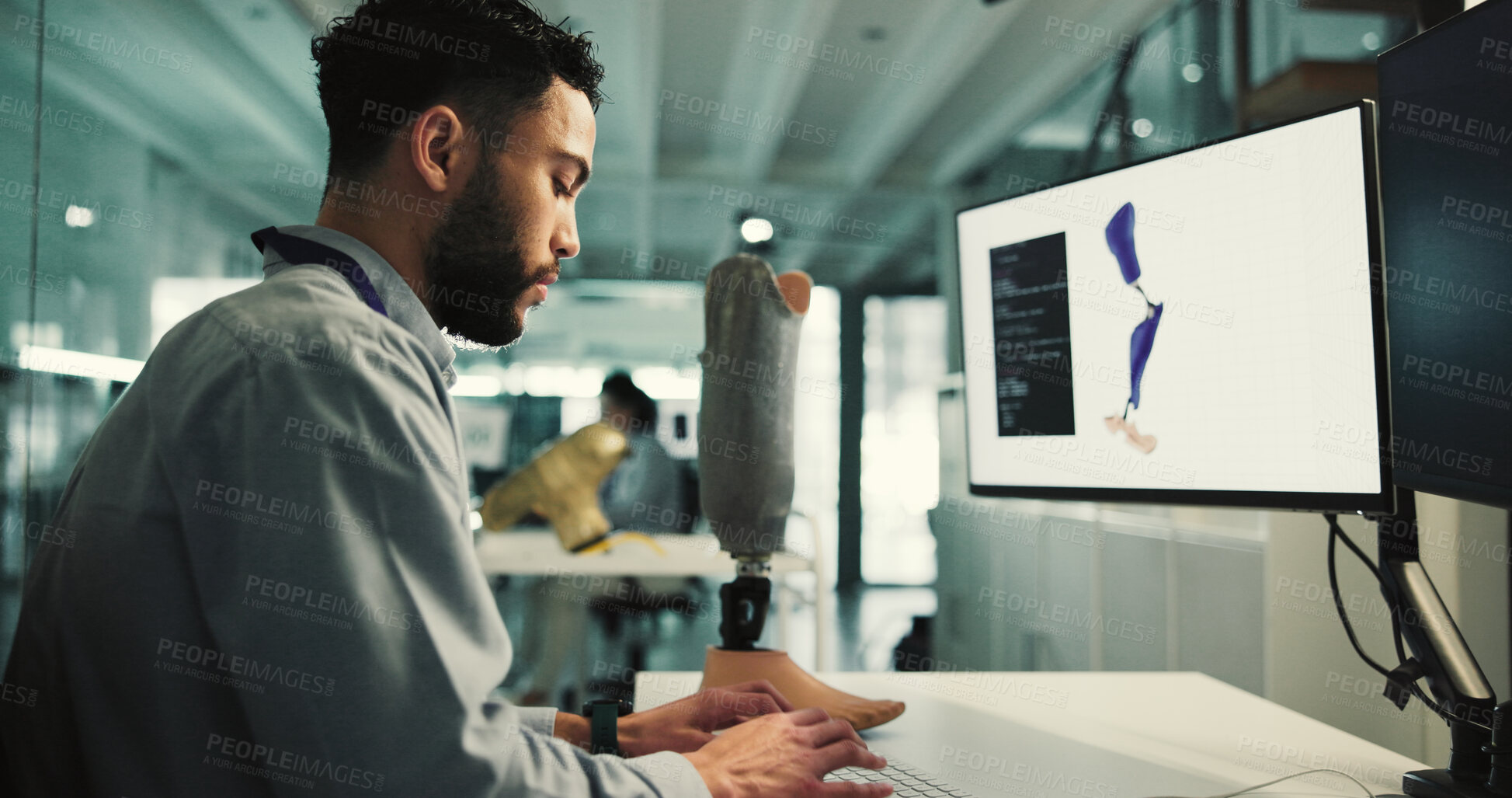 Buy stock photo Review, limb or prosthetist in office with computer, design evaluation or checklist in artificial leg test. Future, data check or man with tech, model development or progress in mobility research.