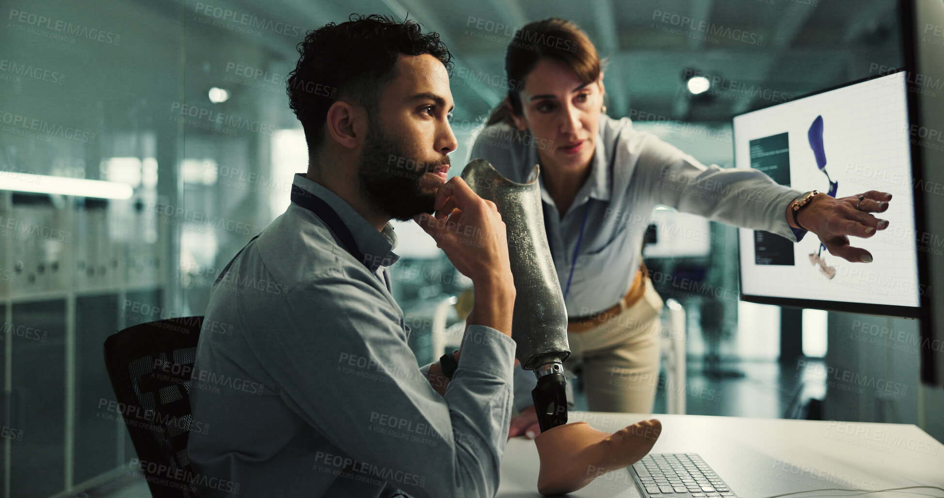 Buy stock photo Conversation, screen or people on computer for inclusive research, internet or leg prosthetic development. Group, review project or design for artificial limb innovation, 3d foot or mobility feedback