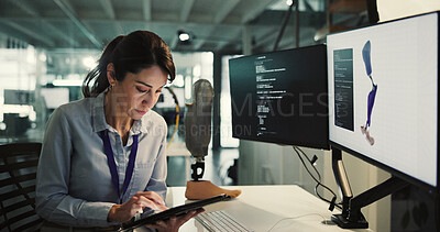 Buy stock photo Review, prosthetic or woman in lab with computer screen, design evaluation or checklist in artificial leg test. Limb, digital or engineer with tech, model development or progress in mobility research